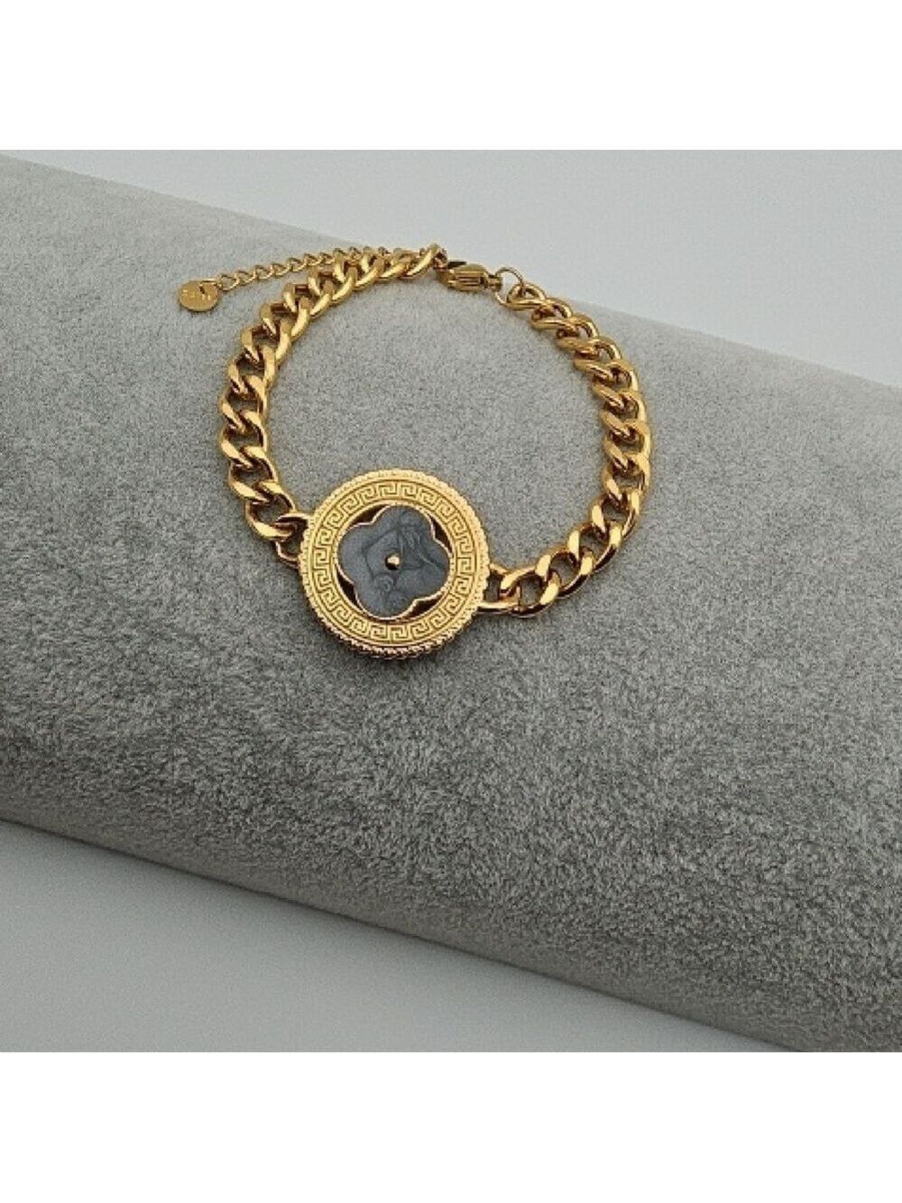 18k Gold Plated Stainless Steel Chunky Curb Chain Bracelet, Dark Gray Clover
